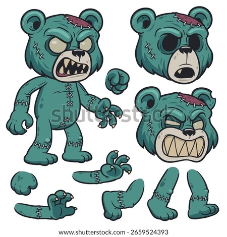 Cartoon Zombie Bear Character Set – Angry Expressions and Separated Body Parts for Animation
