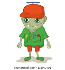 Cartoon zombie boy in a cap with a propeller, collecting candy on a white background, vector illustration
