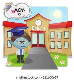 Cartoon zombie boy on the background of the school