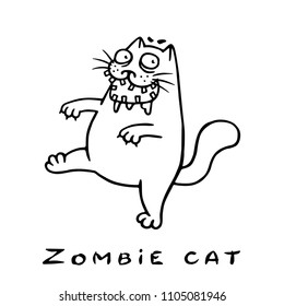 Cartoon zombie cat comes with an open mouth. Genre of horror. Vector illustration.