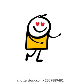 Cartoon zombie character with loving eyes goes to his victim. Vector illustration for Valentines day.  Isolated image on white background.