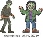 Cartoon zombie characters set with torn clothes in flat vector style for Halloween design