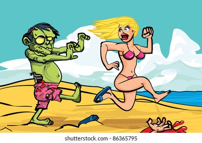 Cartoon Zombie Chasing A Bikini Girl On The Beach