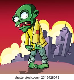 Cartoon zombie with a cityscape in the background