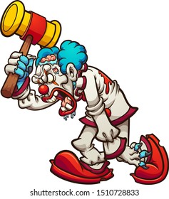 Cartoon zombie clown walking and holding an over sized hammer clip art. Vector illustration with simple gradients. Clown and arm with hammer on separate layers. 
