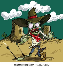 Cartoon zombie cowboy with green skin in the desert