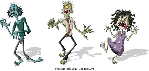 Cartoon zombie crowd walking. Scary undead monsters.