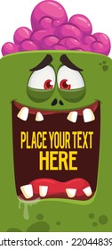 Cartoon zombie face with cute expression opened mouth  blank space  banner for text. Vector illustration. Isolated. Halloween design element for banner, postcard, poster, package or decoration