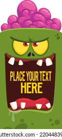 Cartoon zombie face with grim expression opened mouth  blank space  banner for text. Vector illustration. Isolated. Halloween design element for banner, postcard, poster, package or decoration