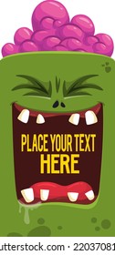 Cartoon zombie face with happy expression opened mouth  blank space  banner for text. Vector illustration. Isolated. Halloween design element for banner, postcard, poster, package or decoration