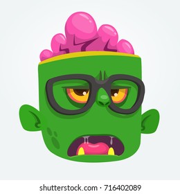 Cartoon zombie face wearing eyeglasses cartoon. Zombi nerd. Halloween vector illustration