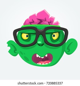 Cartoon zombie face wearing eyeglasses cartoon. Smart zombie. Halloween vector. Design for print, sticker, logo, emblem, party decoration or magazine illustration