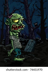 Cartoon zombie in a graveyard. There is a gravestone and a trees in the background