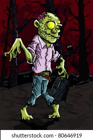Cartoon zombie in a graveyard. There is a gravestone and a trees in the background