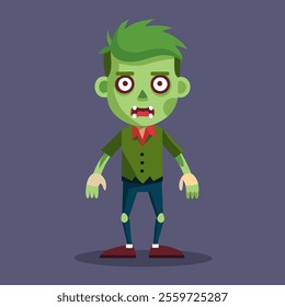 A cartoon zombie with green hair and red eyes