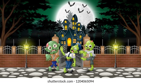 Cartoon of zombie group on the halloween day with haunted house background