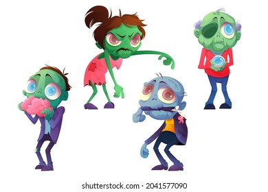 Cartoon zombie halloween characters, funny horror mascots eating brain, holding eye ball, chewing arm and walking with raised hands. Creepy dead monsters, men or women personages, Vector illustration