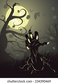 Cartoon zombie hand come out of the grave.