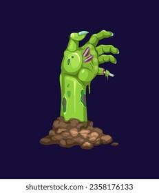 Cartoon zombie hand, decaying, green and lifeless arm, emerges from the ground, its fingers gnarled and skeletal, grasping for prey. Isolated vector dead body or corpse palm sticking out of soil