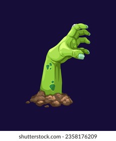 Cartoon zombie hand with green rotten skin and blue pale nails sticks out from the ground, its decayed and pale fingers grasping and clutching for something, as it reaches out for its next victim