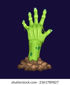 Cartoon zombie hand for Halloween, dead monster arm reaching from grave, vector corpse. Horror night holiday zombie hands with rotten green skin and bones on evil cemetery or creepy graveyard