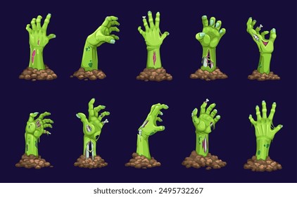 Cartoon Zombie Hand für Halloween, tote Monsterarme aus Grab, Vektorgrafik Horror Urlaub Icons. Zombie-Hände auf dem bösen Friedhof, gruselige grüne Knochen und Finger der untoten Leiche auf dem gruseligen Friedhof