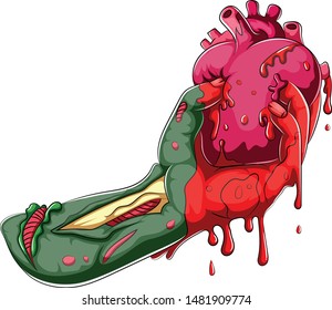 Cartoon zombie hand holding human heart