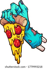 Cartoon zombie hand holding a slice of pepperoni pizza. Vector clip art illustration with simple gradients. All in a single layer. 
