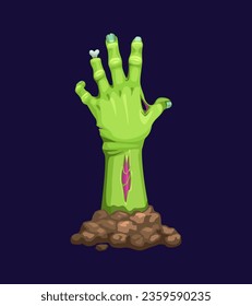 Cartoon zombie hand, isolated vector decaying corpse arm, green and rotting, with exposed bones and torn flesh, reaching out with gnarled fingers in a gruesome and eerie gesture at Halloween night