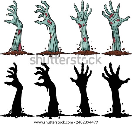 Cartoon zombie hand out of the ground collection set