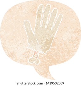 cartoon zombie hand with speech bubble in grunge distressed retro textured style