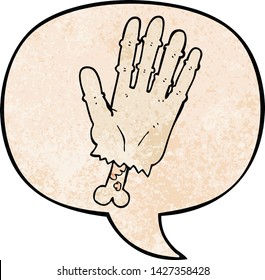 cartoon zombie hand with speech bubble in retro texture style
