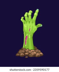 Cartoon zombie hand sticks out from the ground, its decayed and green fingers grasping for something, Isolated vector dead body or corpse palm with torn skin and rotten flesh sticking out of soil