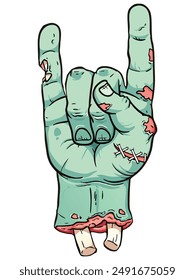 cartoon zombie hand tattoo design showing the rockstar symbol, green in color, with stitched torn skin, scratches and broken bones