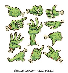 Cartoon Zombie Hands Collection Colorful Isolated on White Background. Spooky vector illustration makes it quick and easy to customize your fun and horror projects.