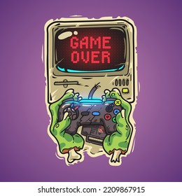 Cartoon Zombie Hands Game Over Retro. Spooky vector illustration with old school monitor.