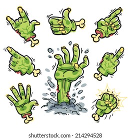 Cartoon Zombie Hands Set for Horror Design. Isolated on White Background.