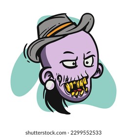 Ilustración de la mascota de la cabeza zombie de dibujos animados 