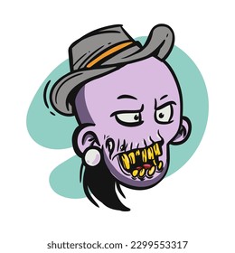 Ilustración de la mascota de la cabeza zombie de dibujos animados