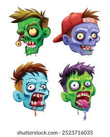 Cabezas de zombi de dibujos animados con expresiones espeluznantes, cerebros expuestos y piel desgarrada. Ilustración vectorial