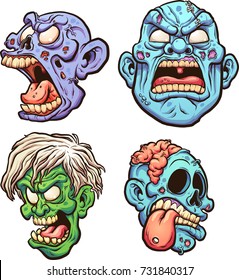 Cartoon zombie heads with different expressions. Vector clip art illustration with simple gradients. Each on a separate layer. 