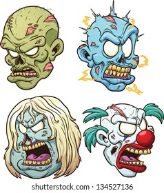 Cartoon zombie heads. Vector clip art illustration with simple gradients. Each on a separate layer.