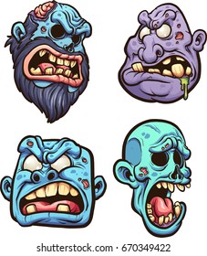 Cartoon zombie heads. Vector clip art illustration with simple gradients. Each on a separate layer.