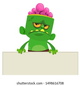 Cartoon zombie holding blank paper banner for text. Vector illustration. Isolated on the white background. Halloween design element for banner, postcard, poster. 