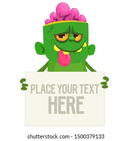 Cartoon zombie holding blank paper banner for text. Vector illustration. Isolated on the white background. Halloween design element for banner, postcard, poster. 