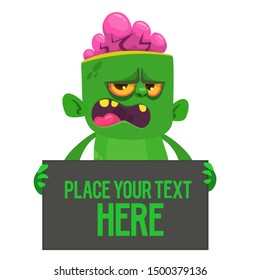 Cartoon zombie holding blank paper banner for text. Vector illustration. Isolated on the white background. Halloween design element for banner, postcard, poster. 