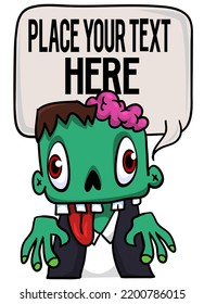 Cartoon zombie holding blank paper banner for text. Vector illustration. Isolated on the white background. Halloween design element for banner, postcard, poster. 