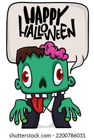 Cartoon zombie holding blank paper banner for text. Vector illustration. Isolated on the white background. Halloween design element for banner, postcard, poster. 