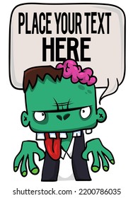 Cartoon zombie holding blank paper banner for text. Vector illustration. Isolated on the white background. Halloween design element for banner, postcard, poster. 