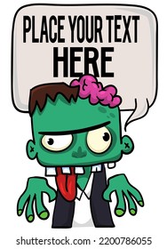 Cartoon zombie holding blank paper banner for text. Vector illustration. Isolated on the white background. Halloween design element for banner, postcard, poster. 